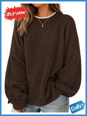 Oversized Crew Neck Pullover Sweater Batwing Sleeve Contrast Trim